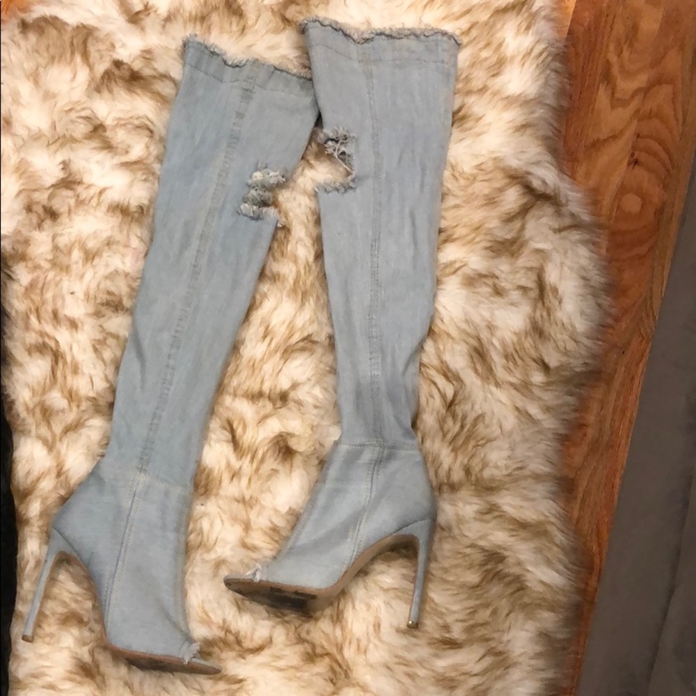 Denim knee high boots from pretty little thing